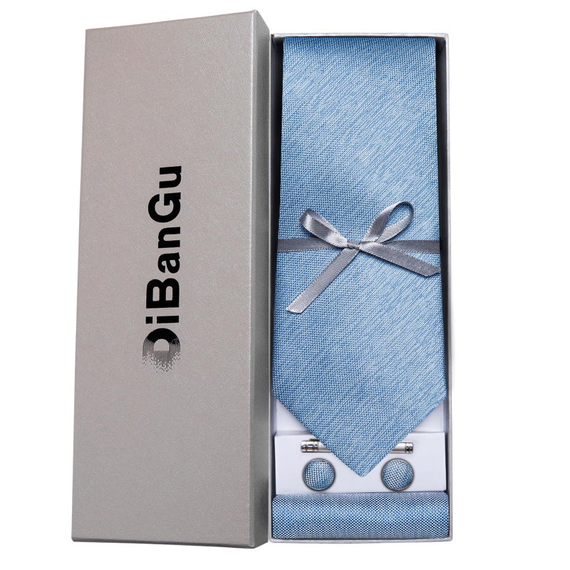 DiBanGu Mens Silk Necktie Solid Color Tie and Pocket Square Cufflink Tie Clip Set Woven Plain Ties for Men Wedding Party, Light Blue - Image 3